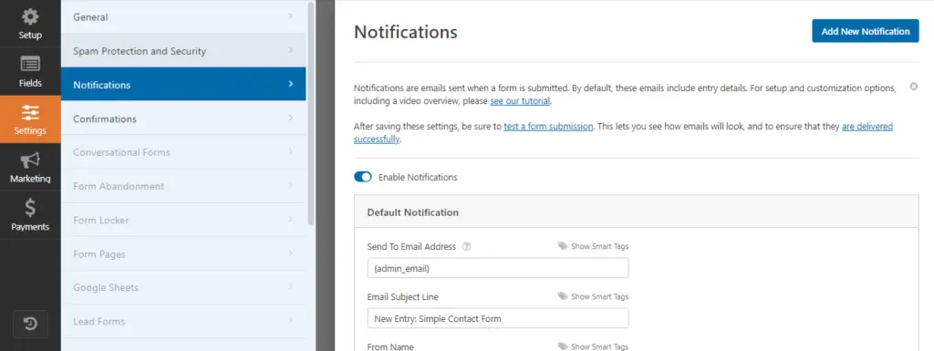 Screenshot highlighting the notification settings section in WPForms during the WordPress contact form setup process.