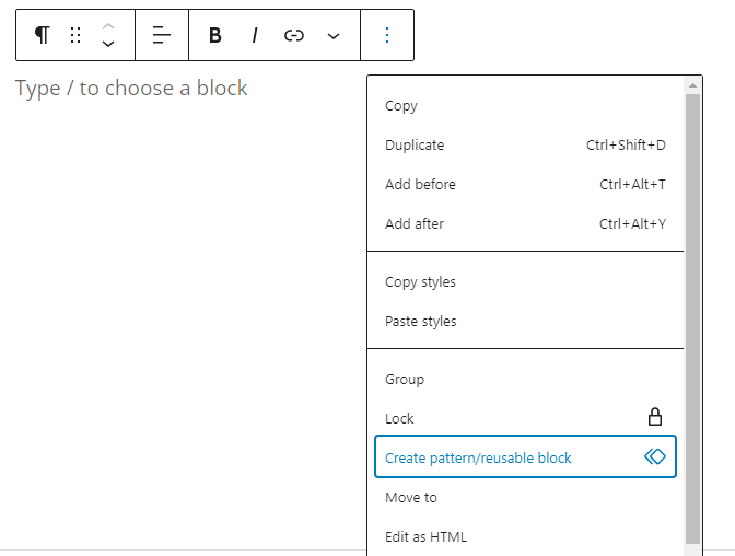 Screenshot displaying how to create reusable blocks in WordPress block editor 