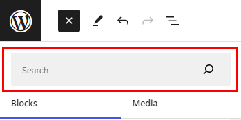 Screenshot of search function in block editor to find blocks by entering block names