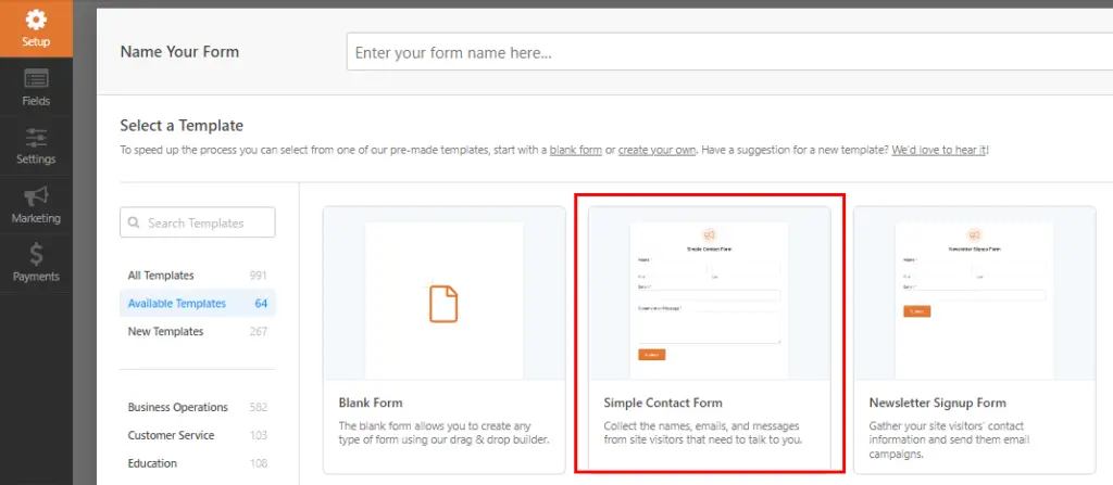 Screenshot highlighting the selection of 'Simple Contact Form' template in WPForms during contact form creation in WordPress.