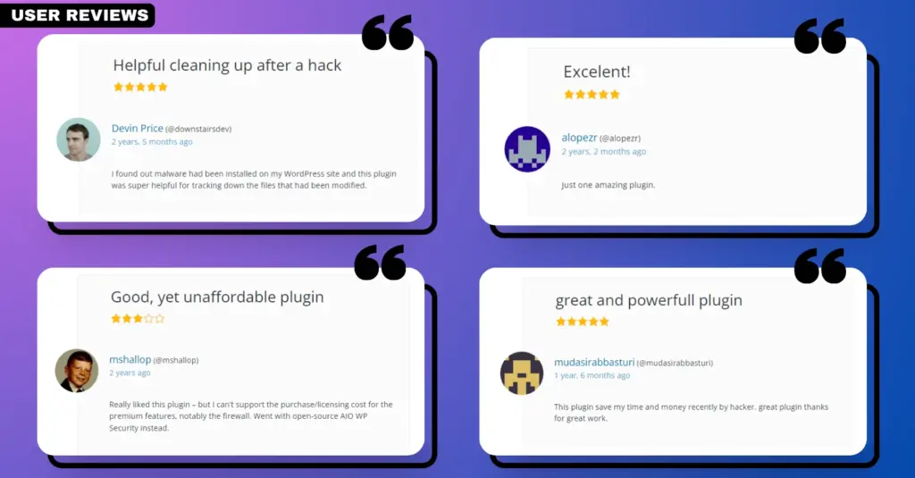 Screenshot capturing user reviews and testimonials for the 'Sucuri' plugin
