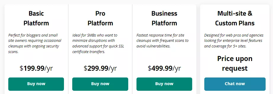 Screenshot displaying the pricing tiers for the 'Sucuri' plugin