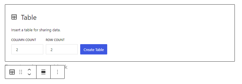 Screenshot of table block in WordPress block editor