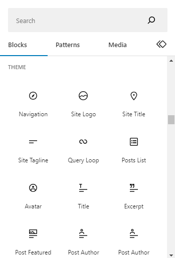 Screenshot displaying theme templates block in WordPress block editor