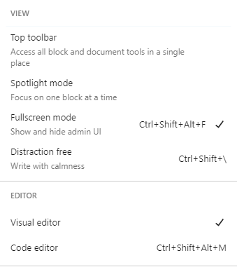 Screenshot displaying editing screen view options of WordPress Block editor