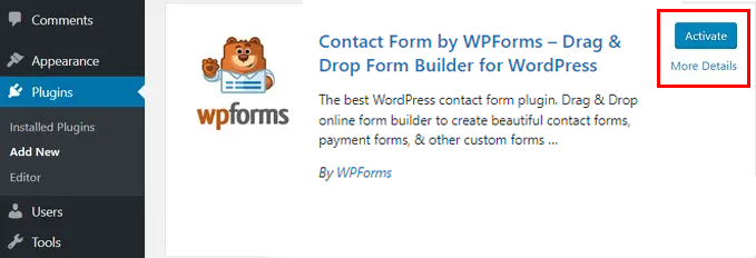 Screenshot highlighting the 'Activate' button for WPForms in WordPress.