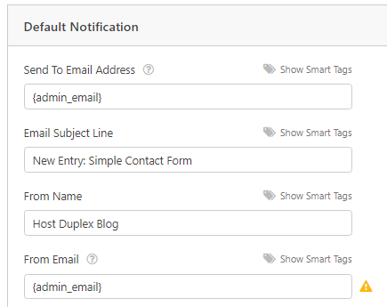 Screenshot showcasing the default notification settings in WPForms Settings