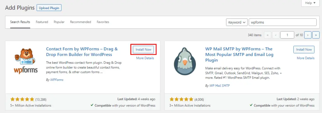 Screenshot of WPForms search and installation process in WordPress dashboard.