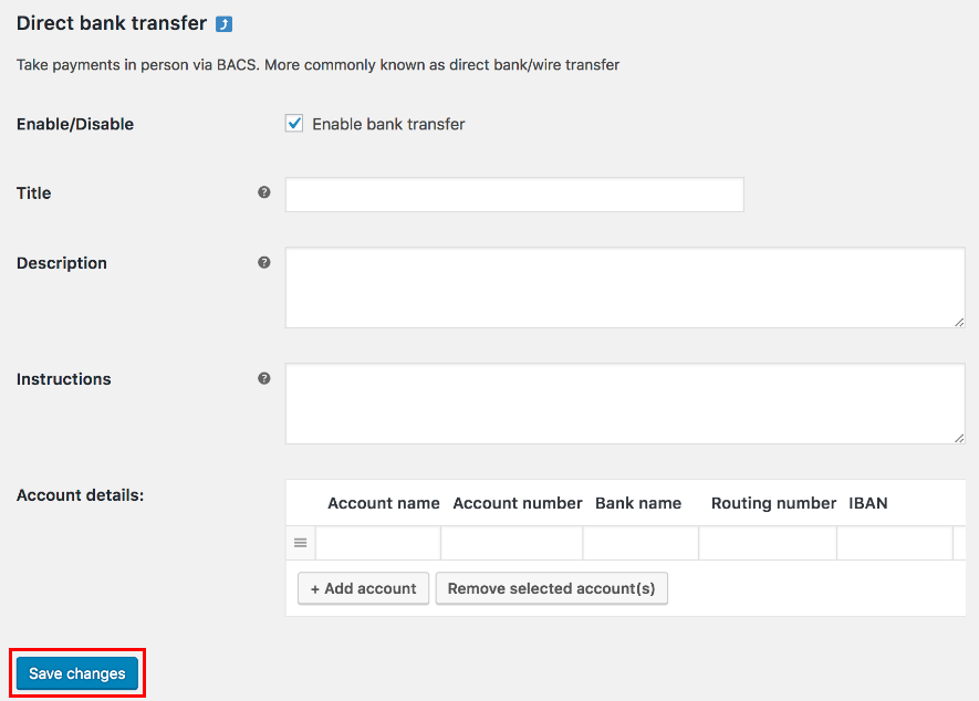 Screenshot of WooCommerce direct bank transfer configuration settings