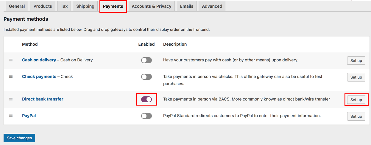 WooCommerce setting enabling direct bank transfer (BACS and ACH), showing the options available for configuring this payment method