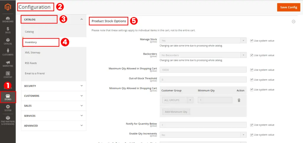 Screenshot of the ‘Notify for Low Stock’ navigation from the Magento admin panel, a critical feature for maintaining inventory in a meat delivery e-commerce business with Magento 2.