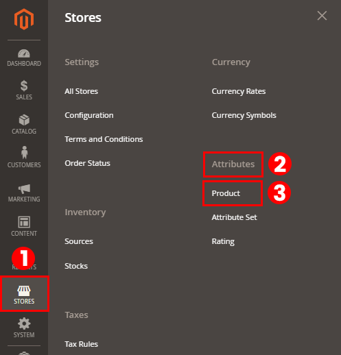 Screenshot of the ‘Product Attribute’ navigation from the Magento admin panel, a vital feature for defining product characteristics in a meat delivery e-commerce business with Magento 2