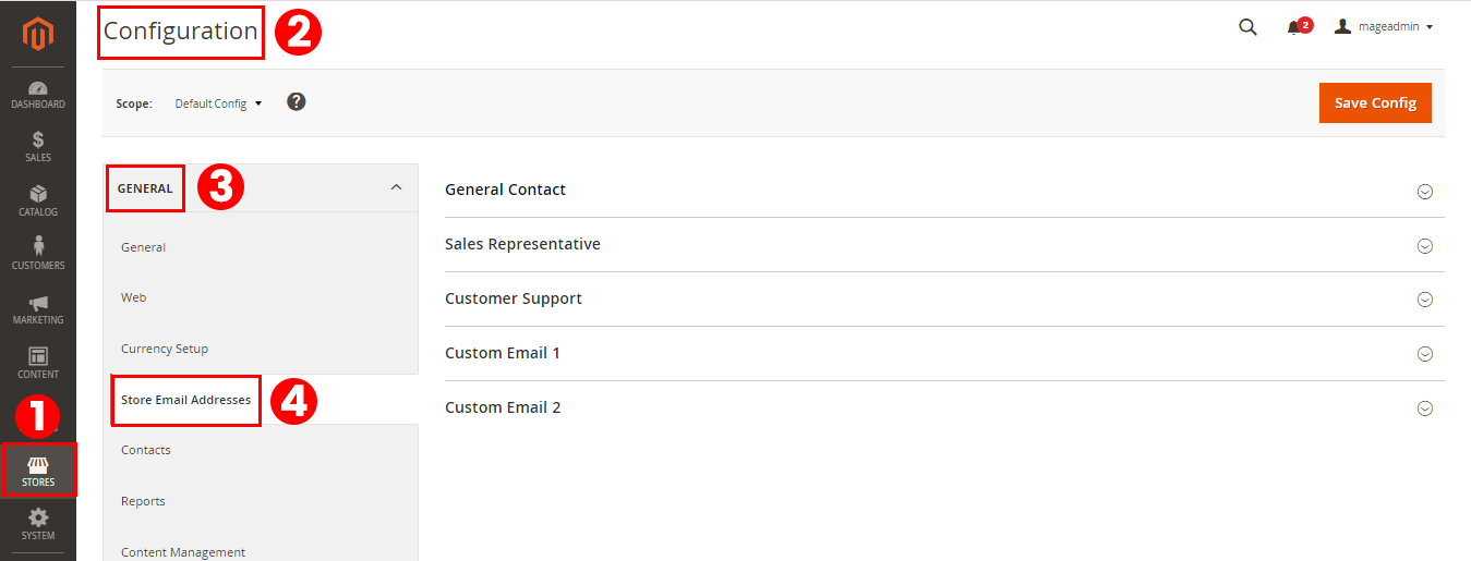 Magento 2 admin panel navigation for setting store email address. Learn how to set the email address that will be used to send and receive emails from your Magento 2 store 