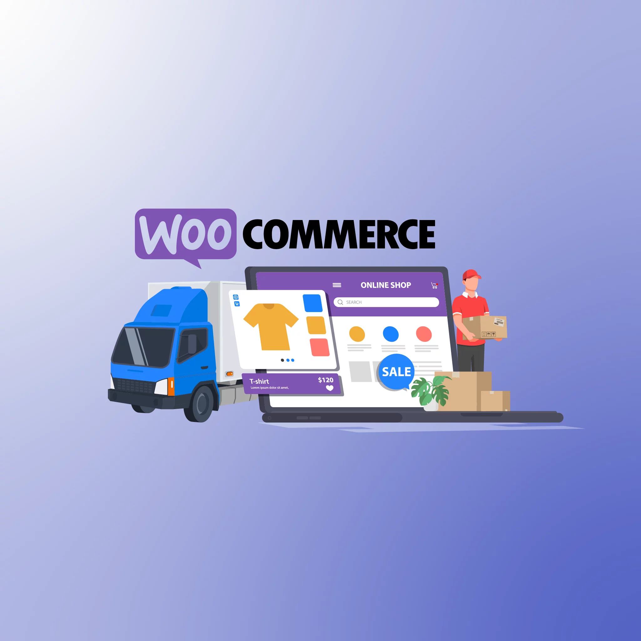 Shipping Plugins for WooCommerce: Delivery truck, courier, and online order confirmation on laptop screen