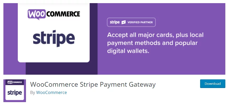 Stripe Payment gateway for woocommerce plugin listing in the WordPress repository.