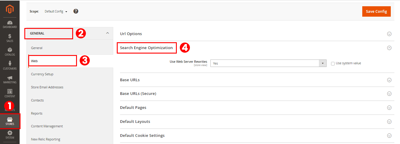 Screenshot of the ‘Web Server Rewrite Setting’ navigation from the Magento admin panel, a useful feature for optimizing the URL structure