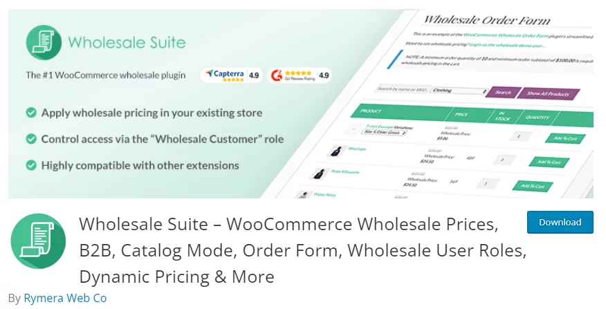 Wholesale suite plugin listing in the WordPress repository.