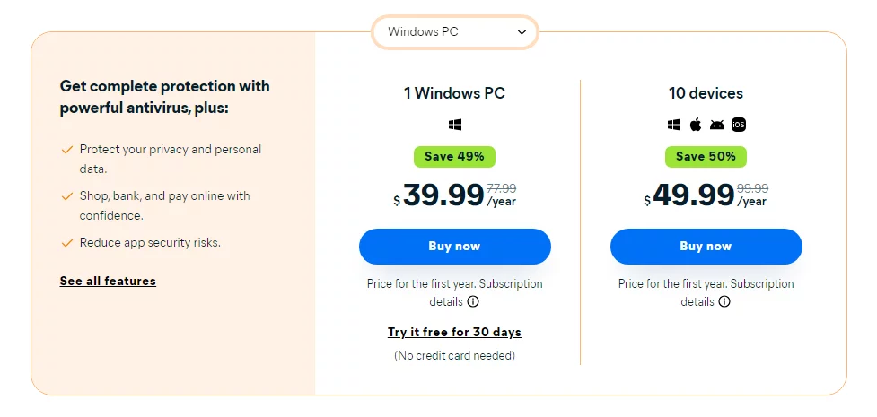 Screenshot of Avast' pricing plans 