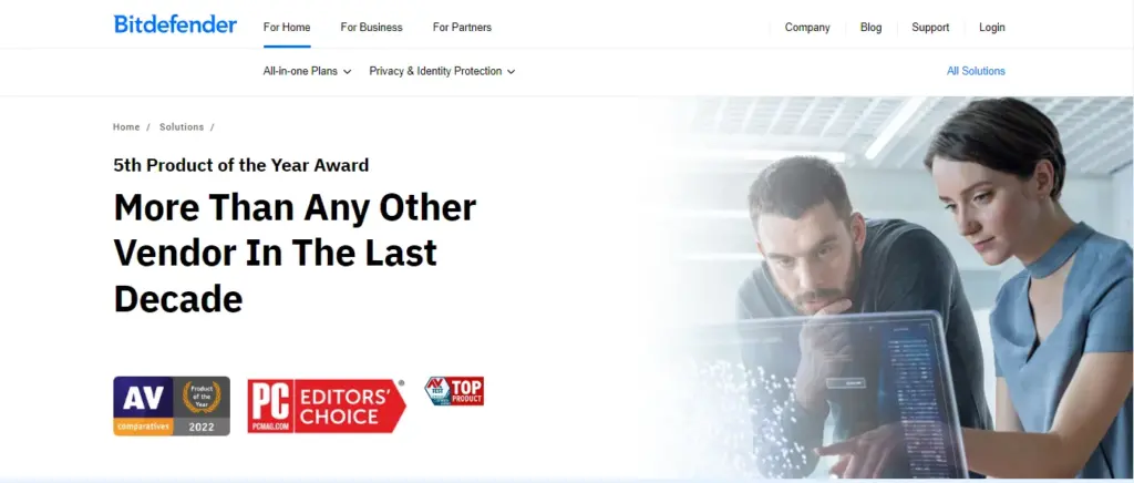 "Screenshot of the Bitdefender website homepage.