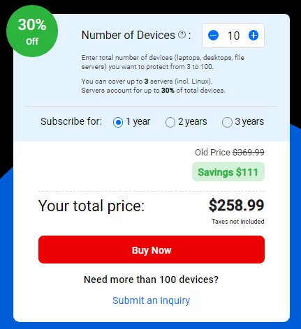 Screenshot showing the pricing details for Bitdefender GravityZone, highlighting various package options and costs for comprehensive malware protection.