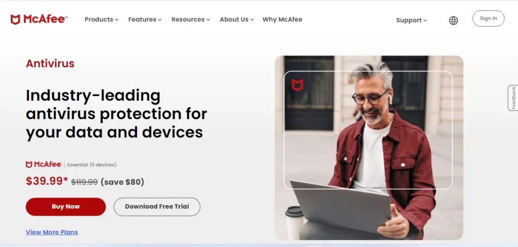 Screenshot of the McAfee website homepage.