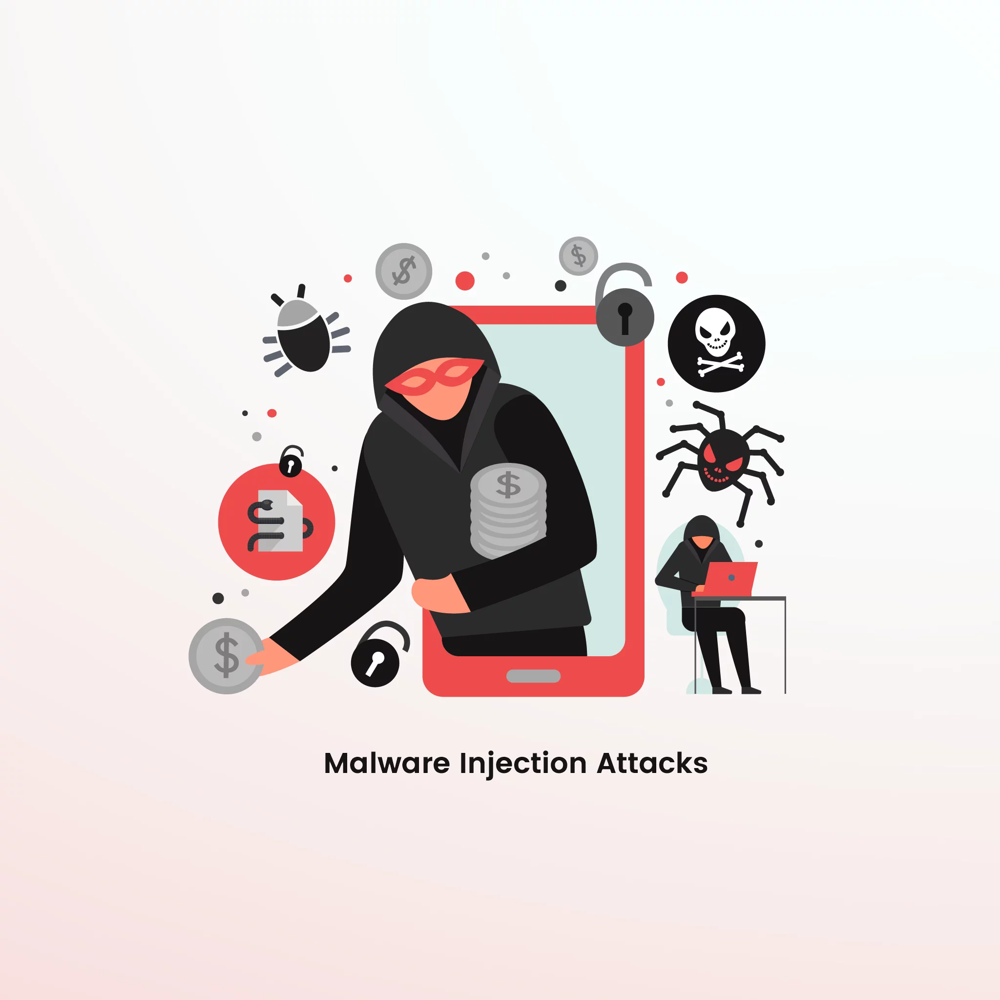 Types of Malware injection attacks: how attackers steal data, illustrated with malware icons.
