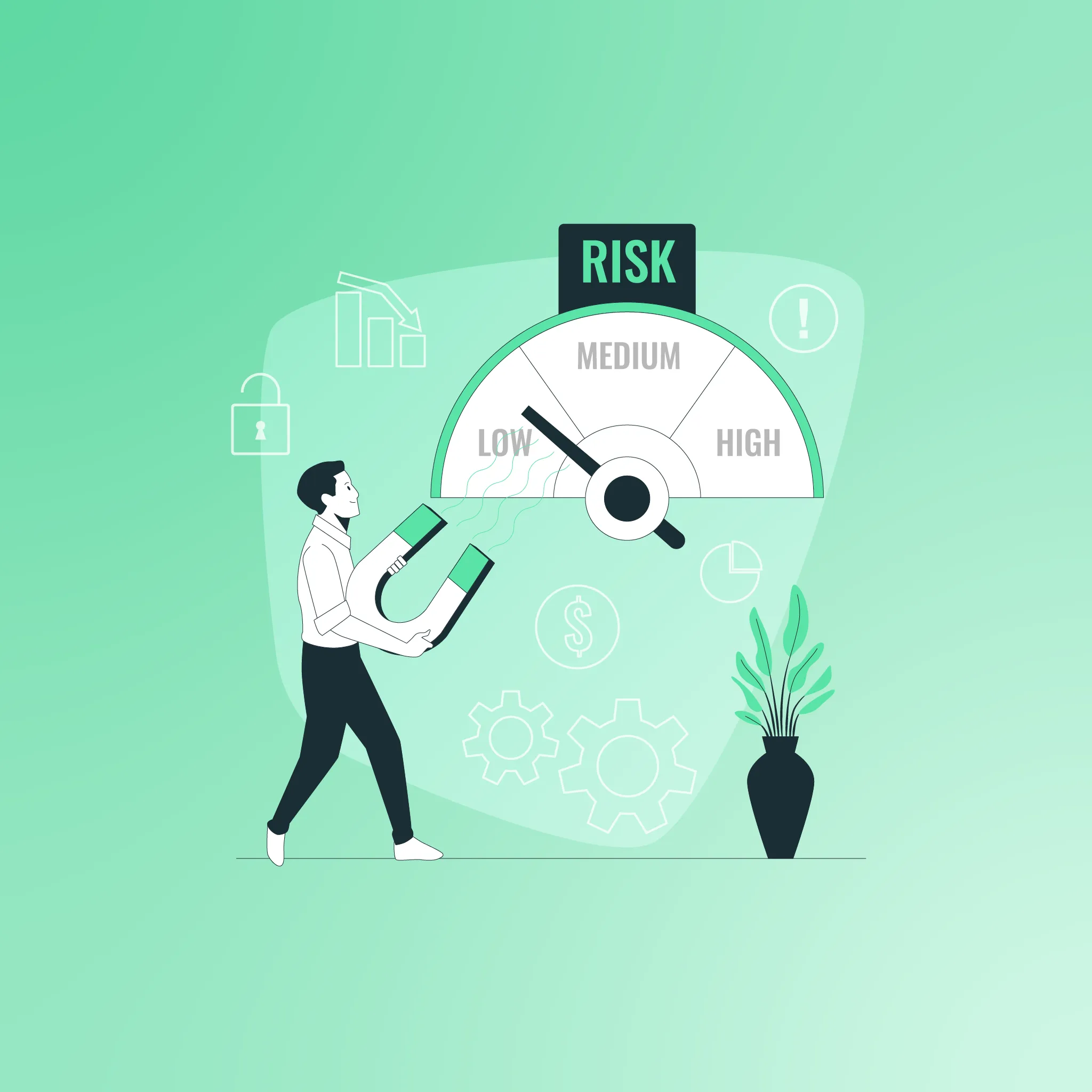 Person measuring cyber risk and using a magnet to lower the risk pointer on a meter, illustrating the concept of Cyber Risk Quantification.