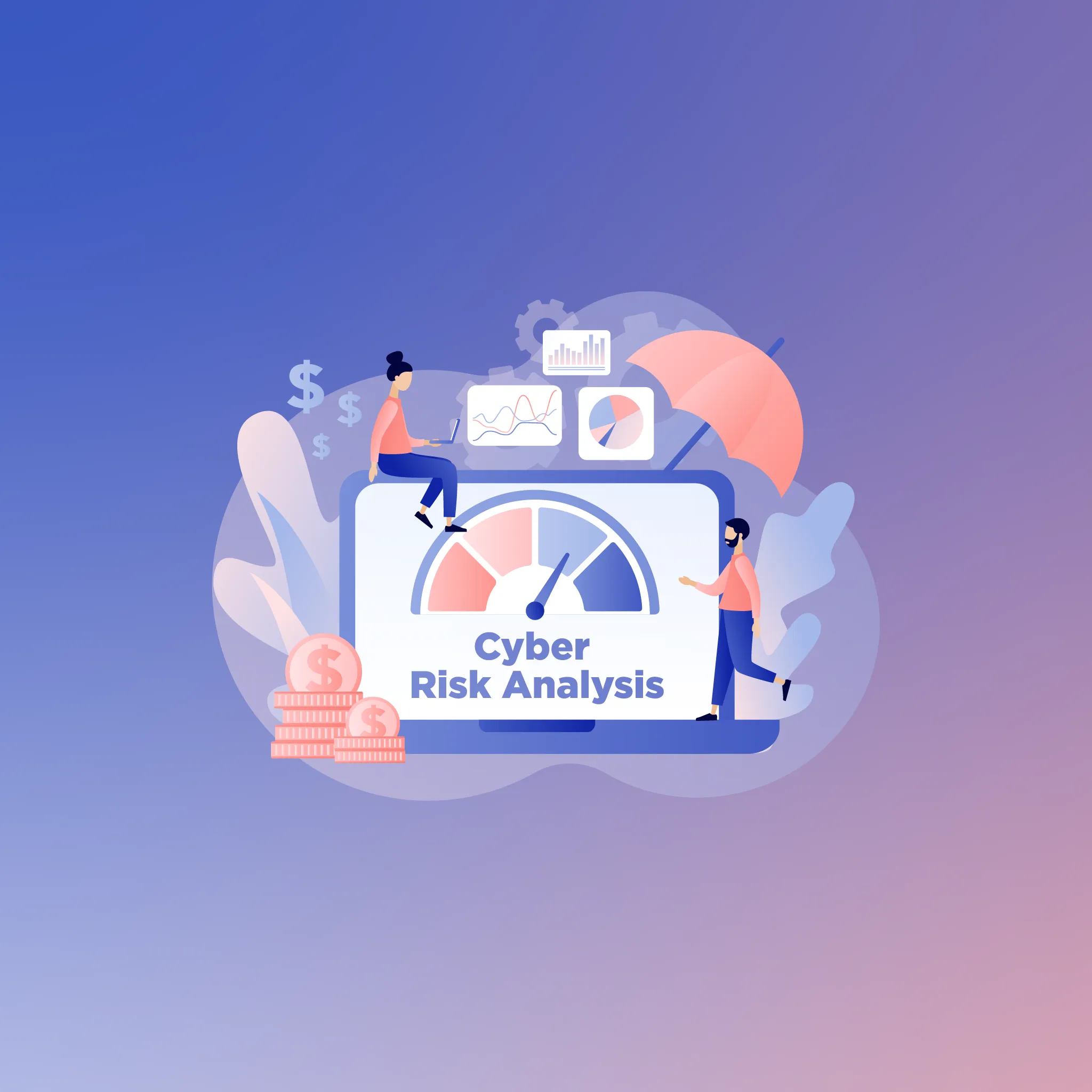 Professional analyzing cybersecurity risk analysis key metrics on a laptop screen, featuring a risk meter, graphs, and reports.