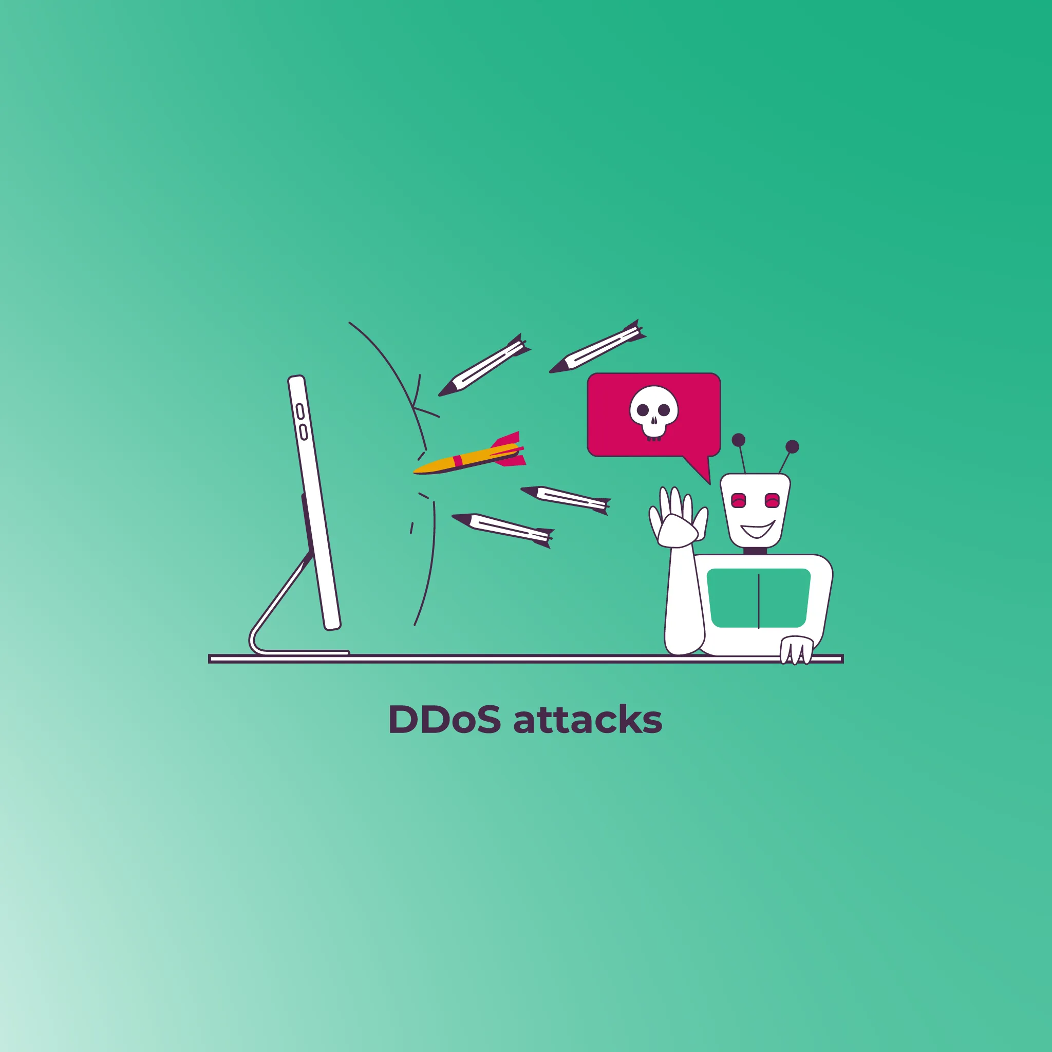 illustration of a DDoS attack, showing a malicious bot launching multiple missiles at a computer monitor