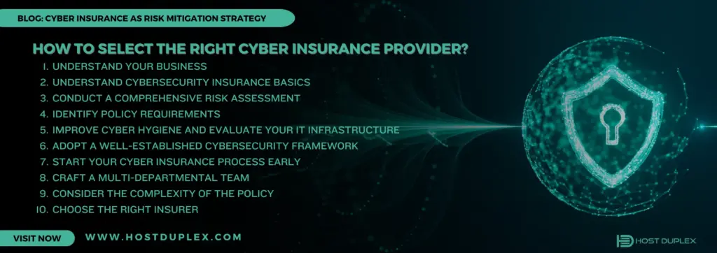 a list with a security shield icon, representing the steps to select the right cyber insurance provider.