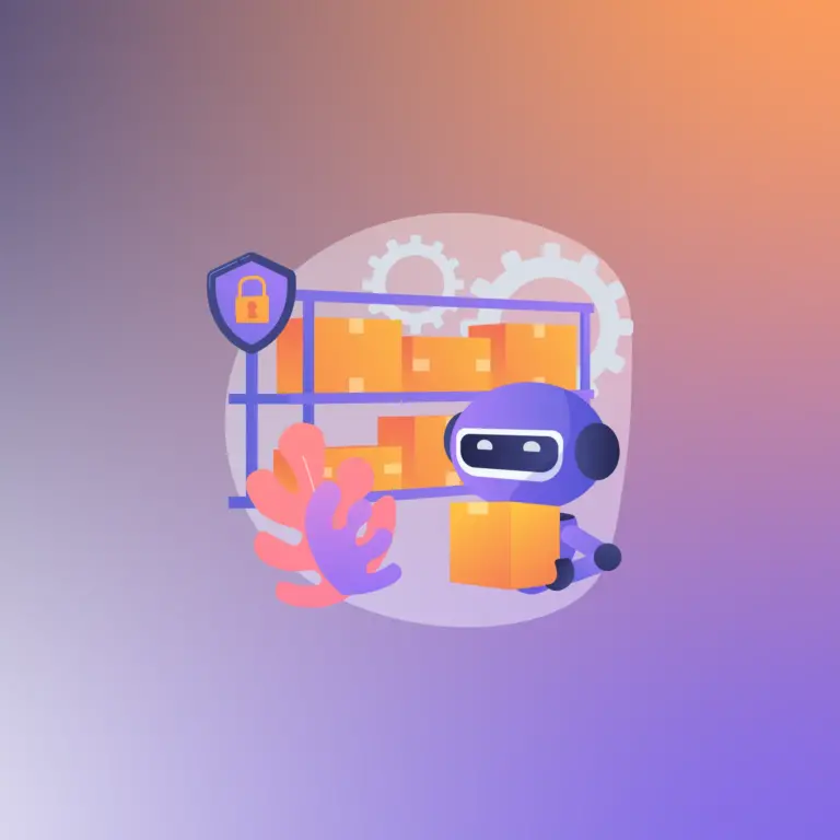 An AI bot optimizing the security of a supply chain represented by interconnected boxes, symbolizing the application of innovative supply chain cyber risk analytics.