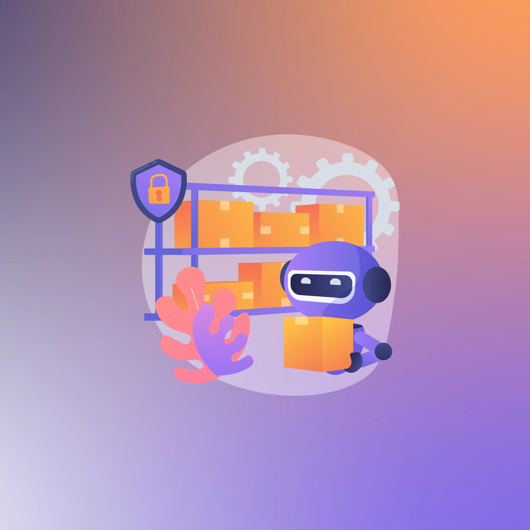 An AI bot optimizing the security of a supply chain represented by interconnected boxes, symbolizing the application of innovative supply chain cyber risk analytics.